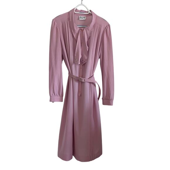Vintage Lady Jennifer Pink Pleated Dress with Belt Long Sleeve Midi Size READ - Picture 1 of 8